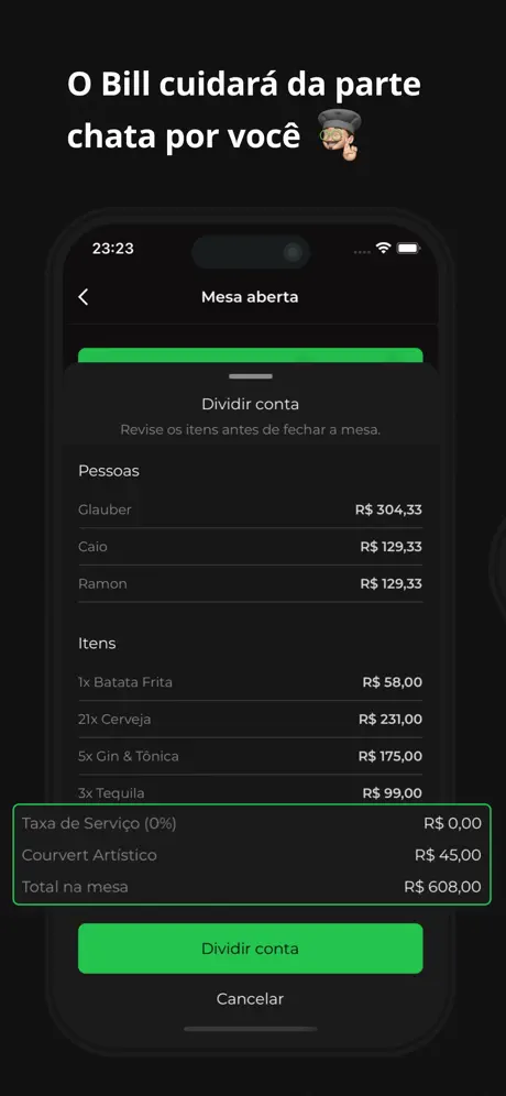 O Bill cuidará da parte chata por você — tela de dividir conta