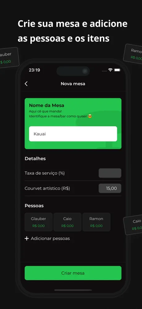 Crie sua mesa e adicione as pessoas e os itens — nova mesa
