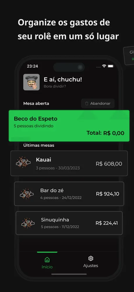 Organize os gastos do seu rolê em um só lugar — tela inicial
